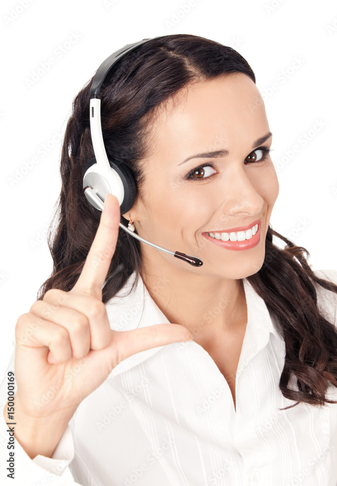 Support operator showing two fingers, on white Support operator showing two fingers, on white