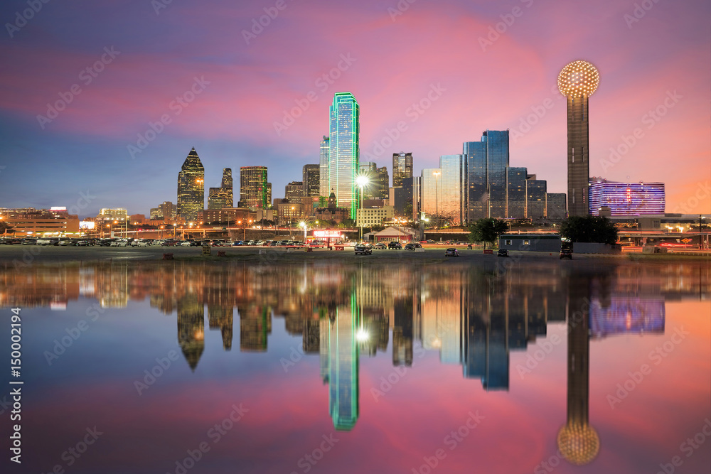 Dallas skyline reflected in Trinity river at sunset