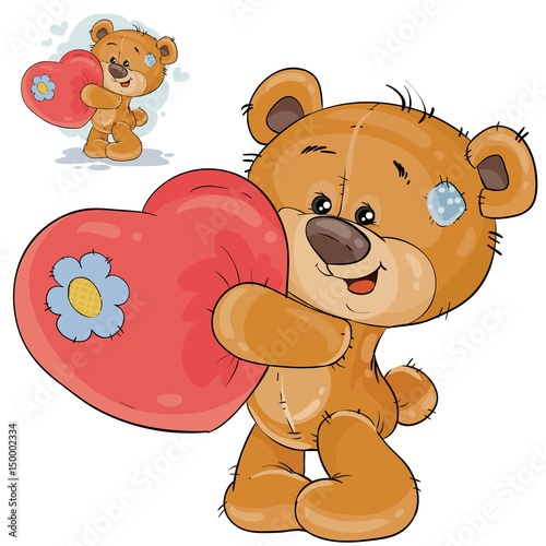Vector illustration of a teddy bear holding a red heart in his paws, confessing to love. Print, template, design element