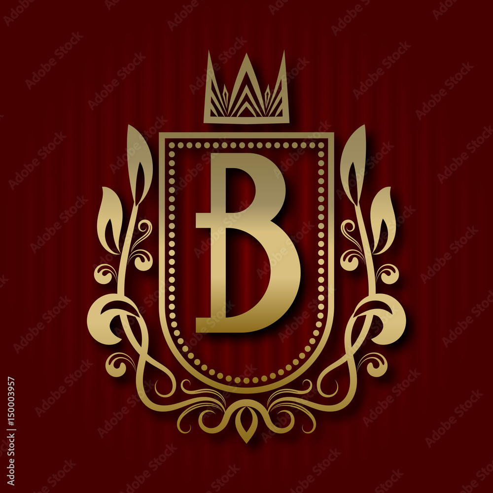 Golden royal coat of arms in medieval style. Vintage logo with B monogram. Golden royal coat of arms in medieval style. Vintage logo with B monogram.