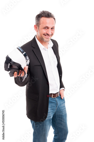 Smiling handsome male holding futuristic vr gadget