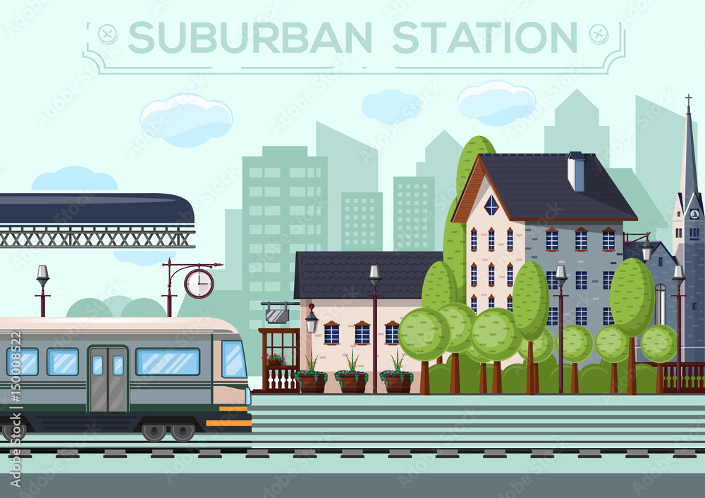 Suburban Station. City life design. Small railway station in a European city. Vector illustration