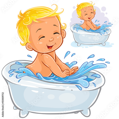 Vector illustration of a little baby splashing in the bath isolated on white. Print, template, design element