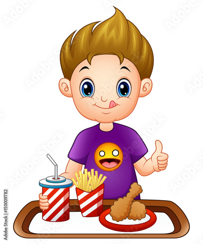 Cartoon little boy with a fast food giving thumbs up
