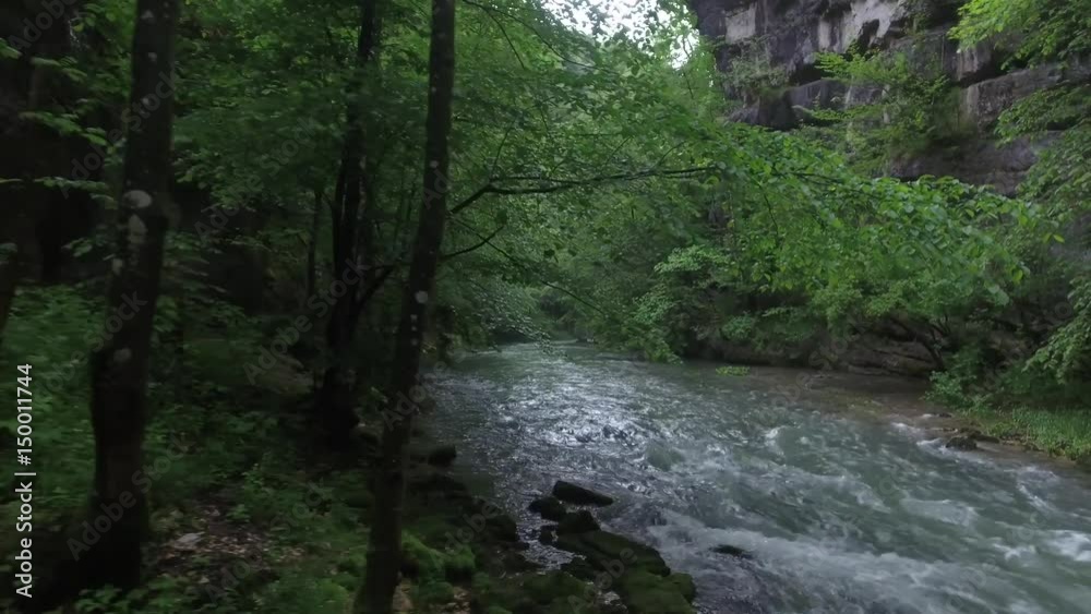 Between trees - flying side entering wild river - Gorge Taubenloch Between trees - flying side entering wild river - Gorge Taubenloch
