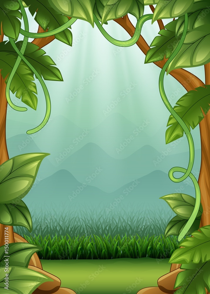 Naklejka premium Jungle background with vines and mountains