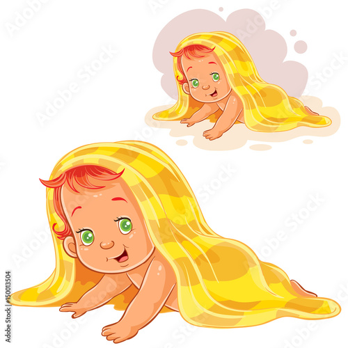Vector illustration of small child after bath wrapped in a towel isolated on white. Print  template  design element
