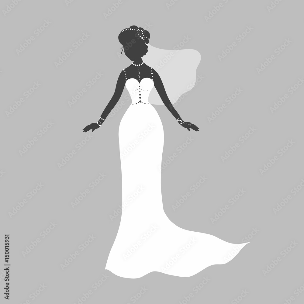 Silhouette of a bride in a wedding dress and veil