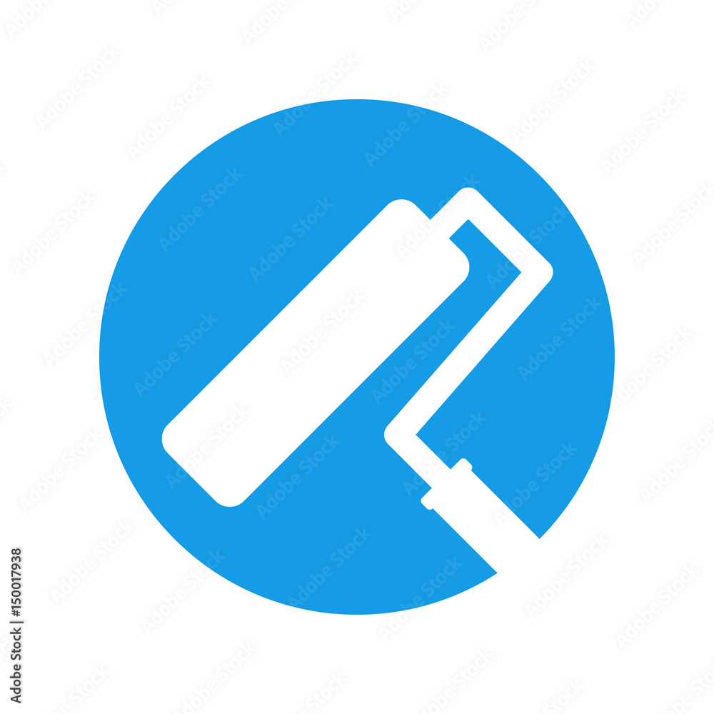 Icono plano circulo con rodillo de pintura azul en fondo blanco Icono plano circulo con rodillo de pintura azul en fondo blanco
