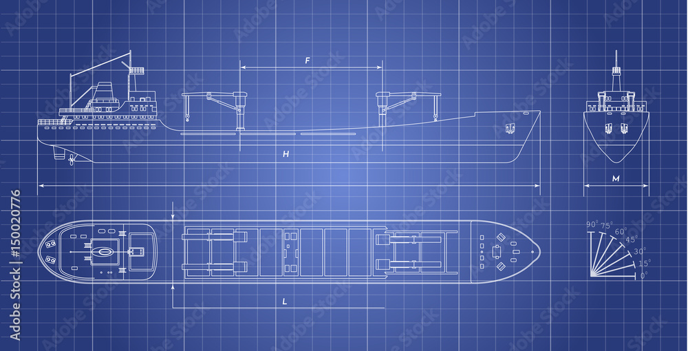 Fototapeta premium Plan statku towarowego na białym tle. Widok z góry, z boku iz przodu. Transport kontenerowy