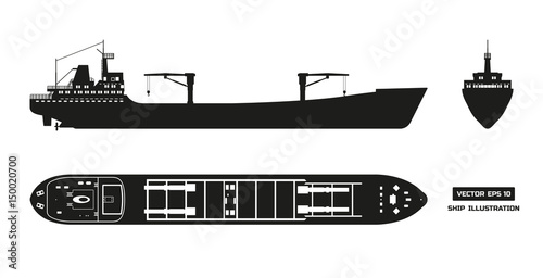 Silhouette of cargo ship on a white background. Top, side and front view. Container transport.