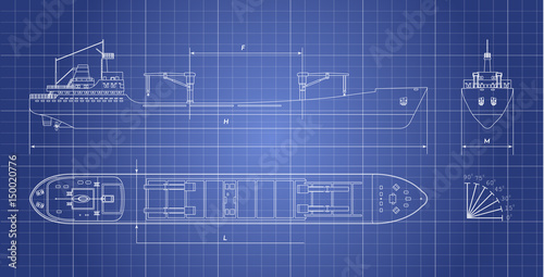 Blueprint of cargo ship on a white background. Top, side and front view. Container transport