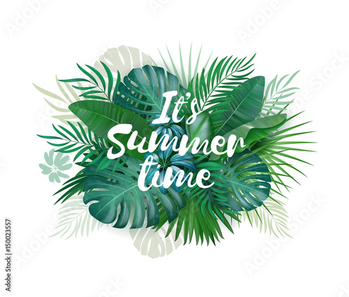 Summer Time palm and monstera realistic leaves pattern card. Hand drawn lettering. Holiday tropical background. Quality watercolor imitation.