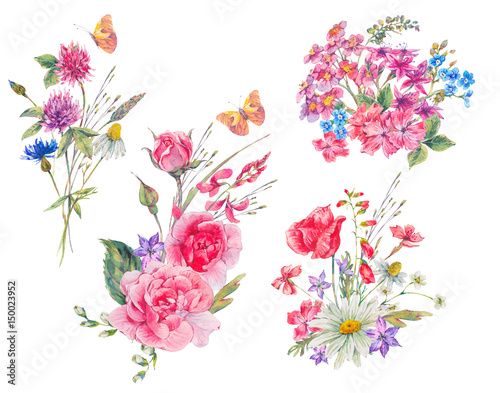 Watercolor set of vintage bouquet of garden flowers