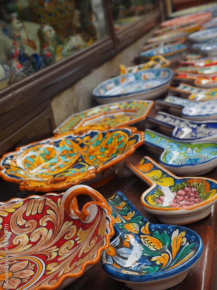 Typical Sicilian glazed handmade ceramic products.