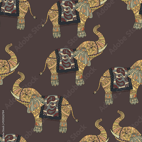 Seamless pattern with hand-drawn tribal styled elephant.