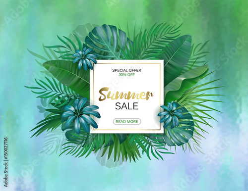 Summer sale banner. Summer Sale poster design for print or web. Vector discount banner. Tropical leaves background. Wet green glass background