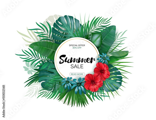 Sale. Round summer sale tropical leaves freme. Tropical flowers, leaves and plants background photo