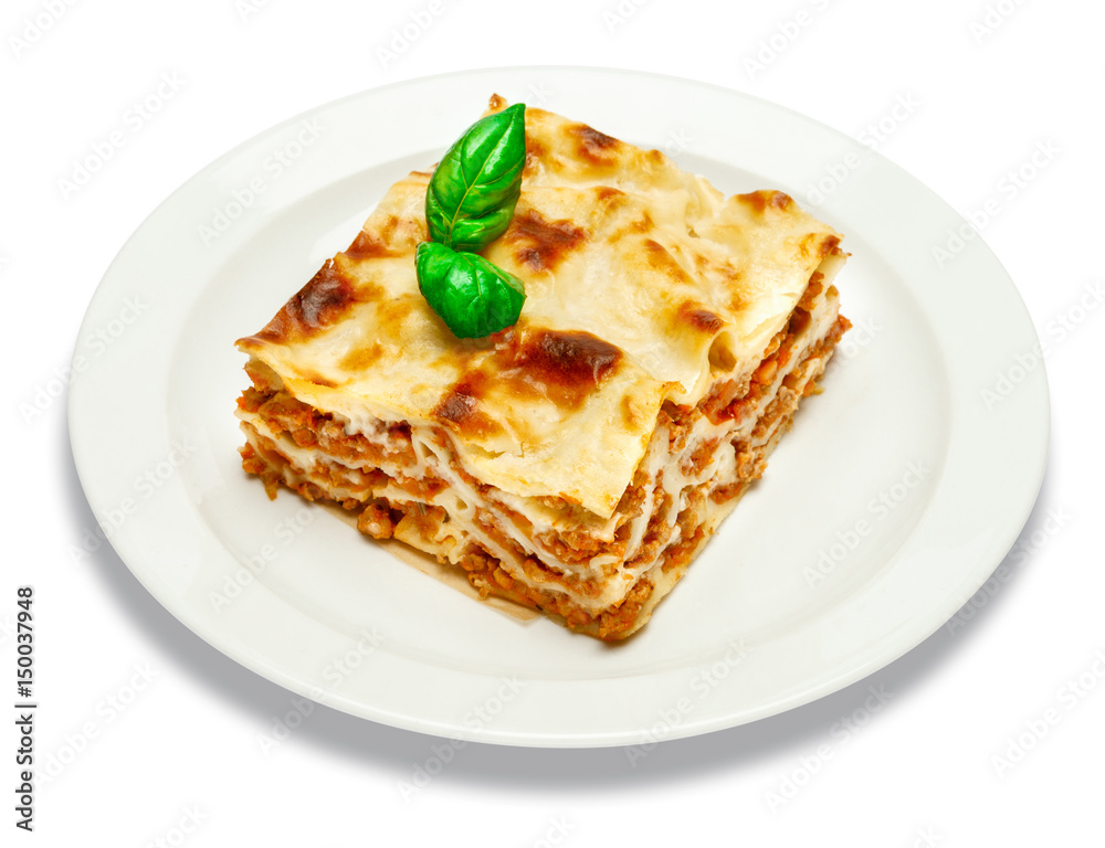 Portion of tasty lasagna isolated on white Portion of tasty lasagna isolated on white