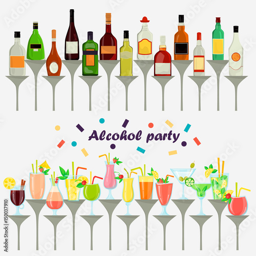 Set of alcohol drinks and cocktails color flat icons for web and mobile design