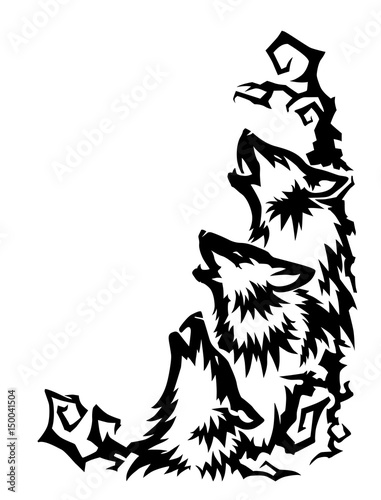 Hand painted black ink vector border with howling wolves isolated on white background