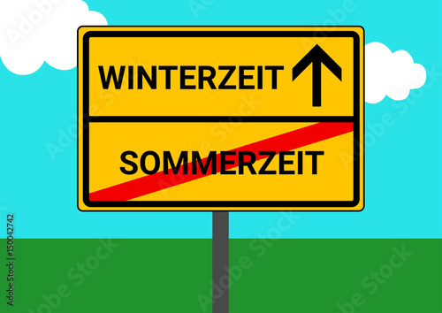 Schild Ortsausgang Winterzeit Sommerzeit
