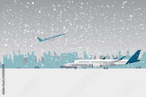 Snowfall in airport. Aircraft under snow. Flat vector illustration.