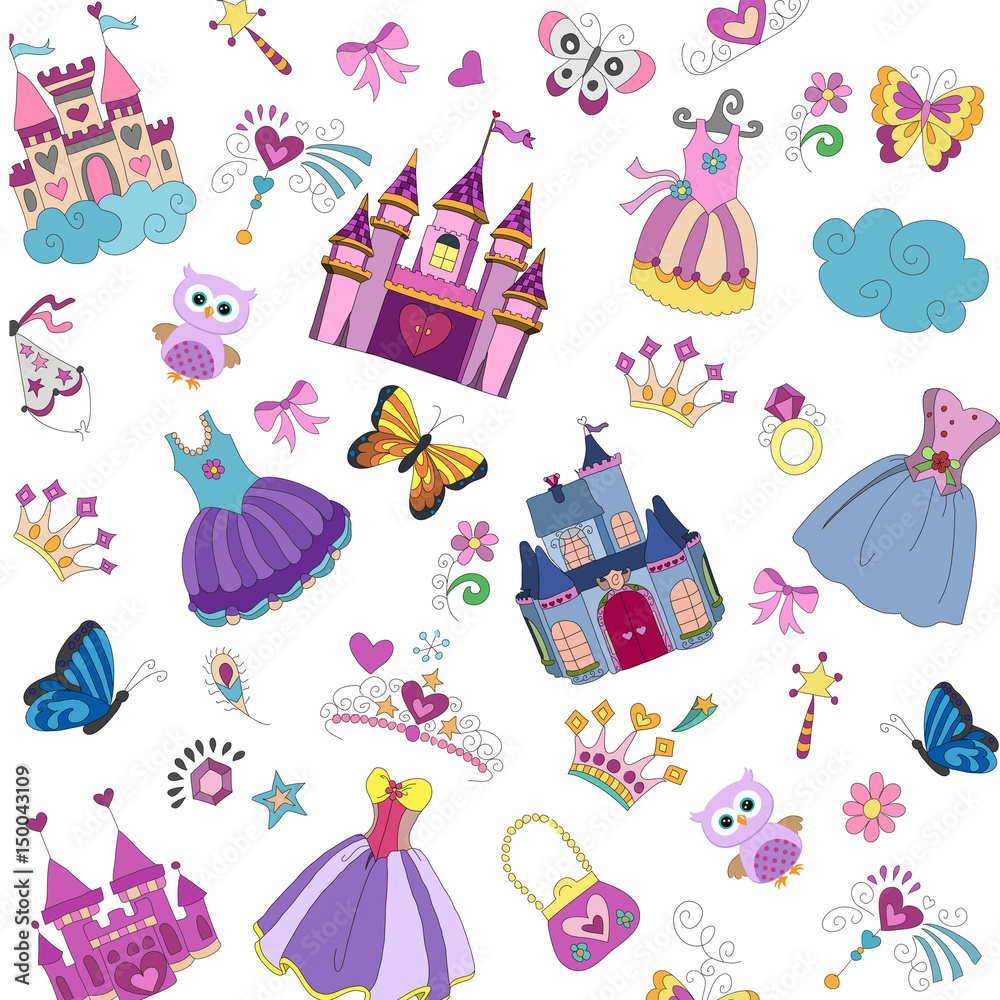 background with castles, princesses dresses, accessories, butterflies