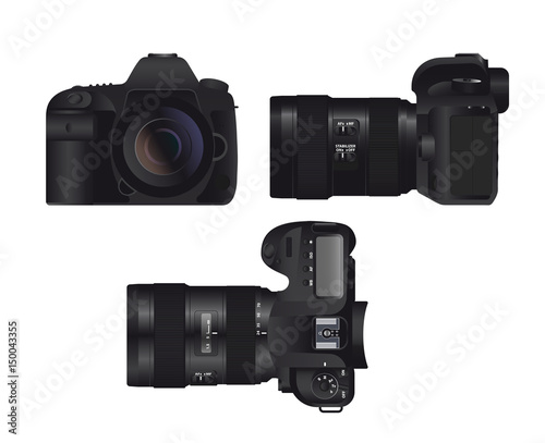Realistic full frame professional photo camera DSLR with zoom lens and image stabilizer. Vector illustration.