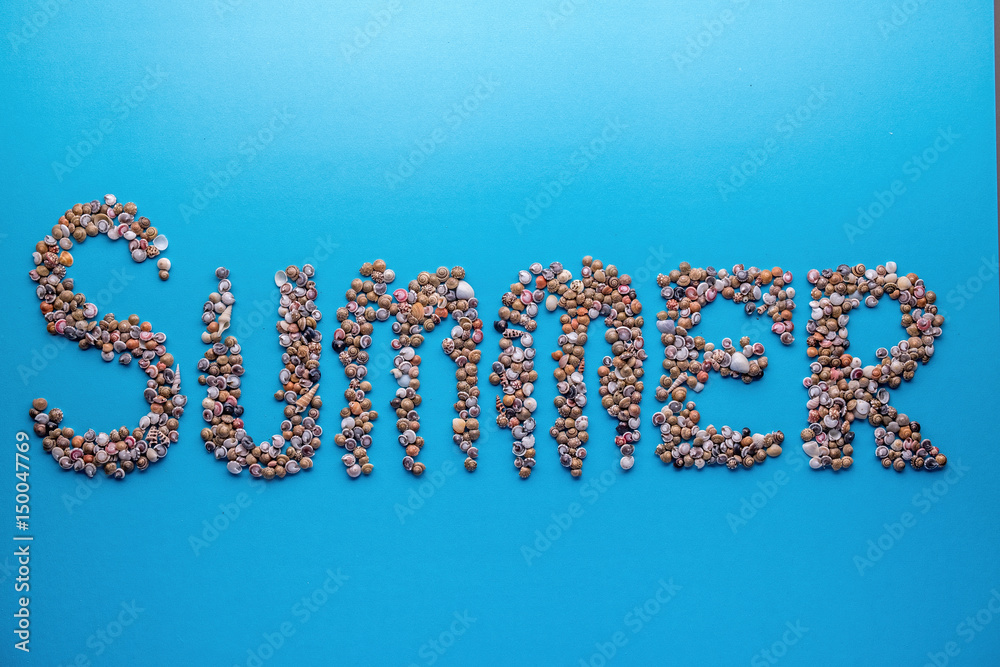 Fototapeta premium Inscription (word, sign) 'Summer' made of seashells on blue paper background