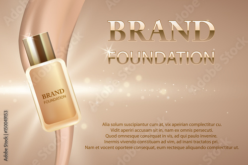 Cosmetics design, foundation bottle on flowing liquid concealer, vector template