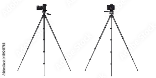 Realistic full frame professional photo camera DSLR with zoom lens and image stabilizer on tripod. Vector illustration.