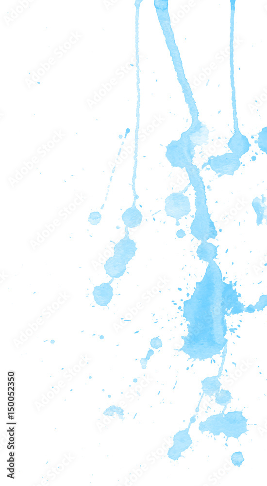 Naklejka premium Blue watercolor splashes and blots on white background. Ink painting. Hand drawn illustration. Abstract watercolor artwork.