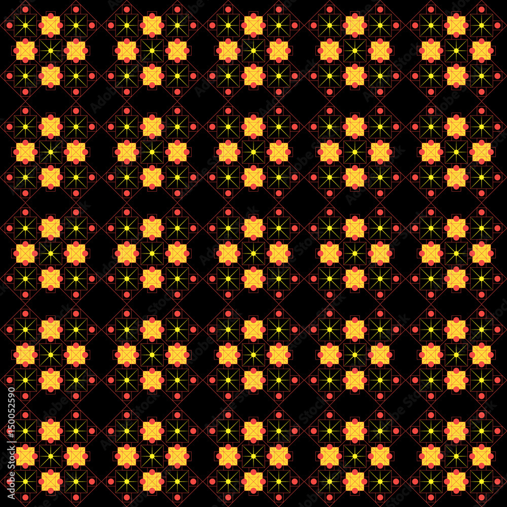 Geometric pattern with squares, circles and lines on a black background. For pattern on fabric, wallpaper, tile. Element decor. Vector illustration. Geometric pattern with squares, circles and lines on a black background. For pattern on fabric, wallpaper, tile. Element decor. Vector illustration.