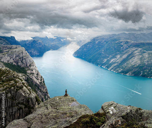 Lysefjord and mountains, view from above. Epic landscape of wonderful Norwegian nature. Location on the hiking way to Preikestolen landmark, famous and popular natural   travel destination in Norway. photo