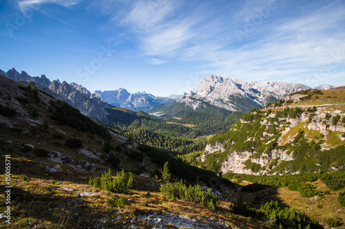 Valley and mountain views and scenery in the Italian Dolomites around Tre Cime di Lavaredo, italy.