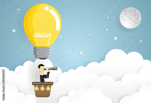 business man flying in the sky on hot air balloon Looking through spyglass. Idea concept. paper art style vector illustration.