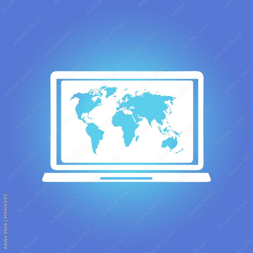 Laptop and world map illustration. World map geography symbol. Flat design style. Laptop and world map illustration. World map geography symbol. Flat design style.