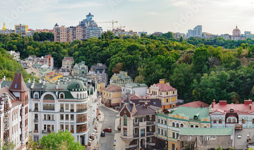 Views of modern and ancient buildings from the Castle hill or Zamkova Hora in Kiev, Ukraine. Castle hill is a historical landmark in the center of the city. photo