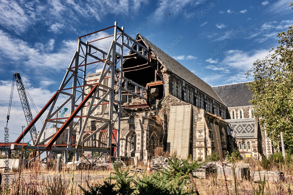 view of the Cathedral damaged nave with the steel structure preventing the rest of the stone body from a new collapse, after the 2011 earthquake. view of the Cathedral damaged nave with the steel structure preventing the rest of the stone body from a new collapse, after the 2011 earthquake.