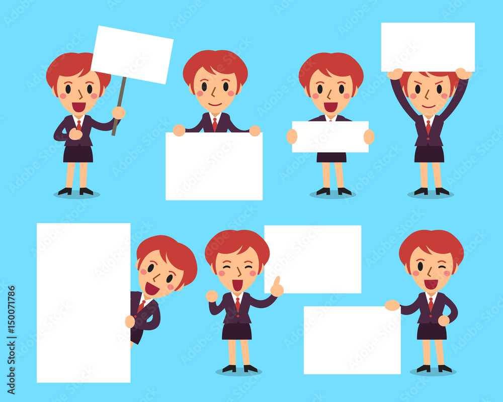 Cartoon set of business woman with blank white banner Cartoon set of business woman with blank white banner