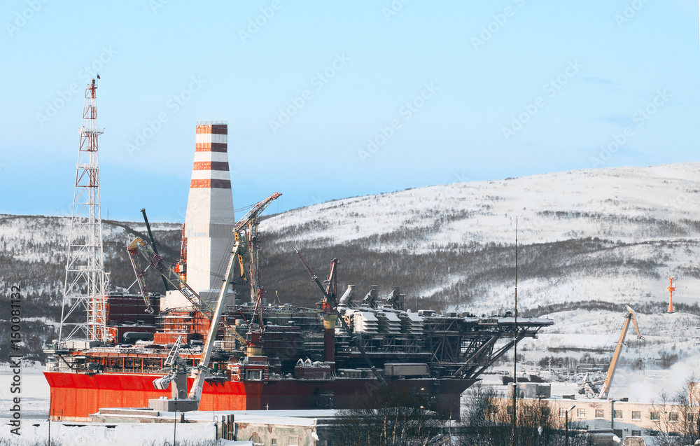 Platform to shipyard in winter day View on Prirazlomnaya сloseUp
