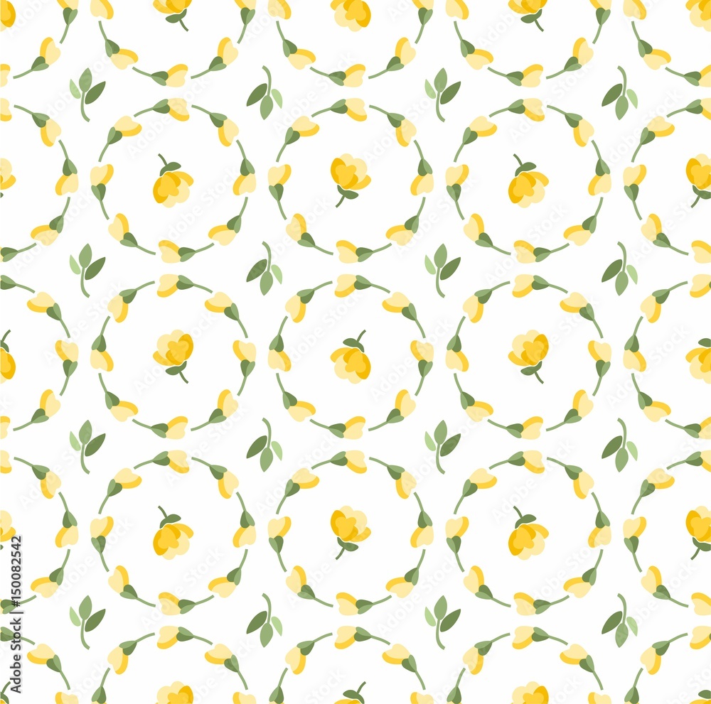 Floral pattern, yellow buds and flowers, seamless white background, vector. Yellow flowers on a white field. Colored, flat background. The floral decoration. Circles of flowers. Floral pattern, yellow buds and flowers, seamless white background, vector. Yellow flowers on a white field. Colored, flat background. The floral decoration. Circles of flowers.