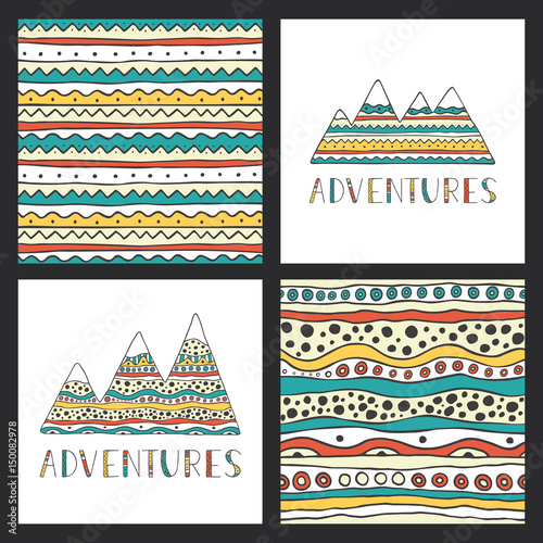 Hand drawn mountains silhouettes with ornamental seamless background and handwritten lettering. Adventure. Set of stylish outdoor cards template.