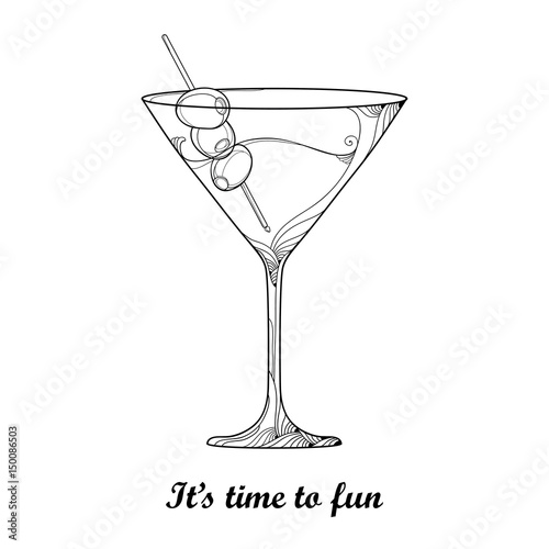 Vector cocktail in transparent martini glass with Olive fruit in black isolated on white background. Outline glass for winery in contour style for restaurant decor, wine list or coloring book.
