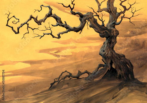 Photography Halloween illustration of a big fantasy old crooked tree