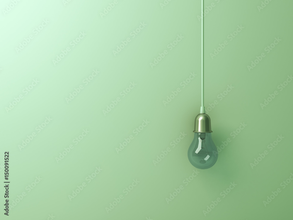 One hanging turn off incandescent light bulb on green wall background with blank space , creative idea concept. 3D rendering. One hanging turn off incandescent light bulb on green wall background with blank space , creative idea concept. 3D rendering.