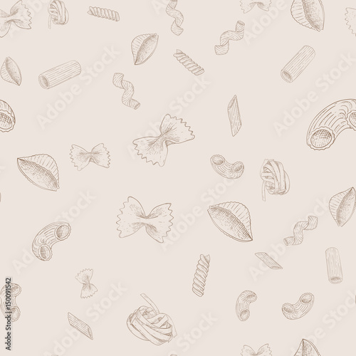 Pasta collection. Hand drawn vintage sketch on beige background. Seamless pattern