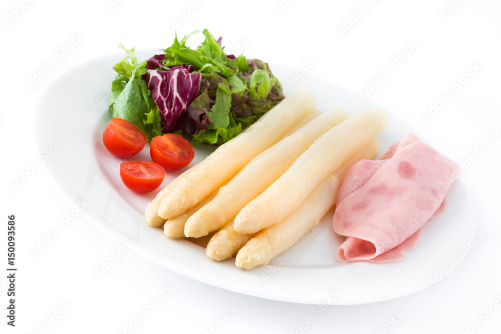 White asparagus with salad and ham isolated on white background

