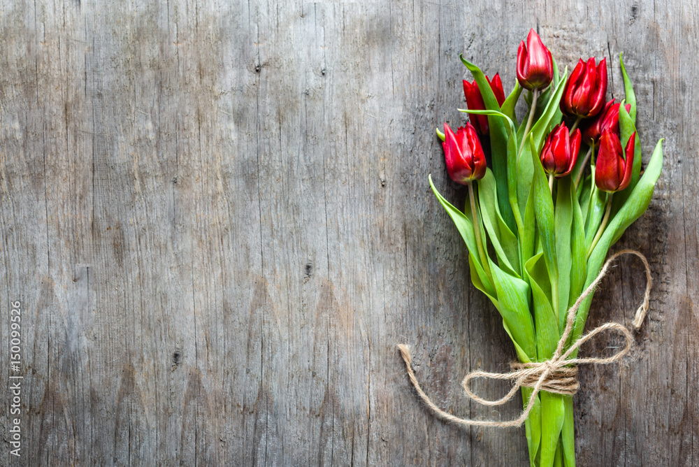 Red tulips, bouquet of flowers, spring background or mothers day